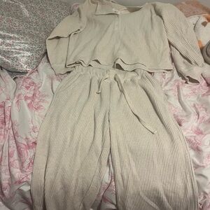 Cream Ribbed Knit Lounge Set